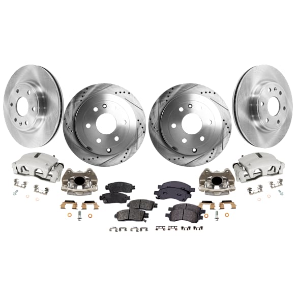 4-Wheel Set Front and Rear Brake Kit With Calipers, Front-Plain Surface/Rear-Cross-drilled and Slotted 6 Lugs Front-325.12 mm/Rear-330.96 mm Ceramic, Includes (4) Caliper, (4) Disc and (2) Pad Set