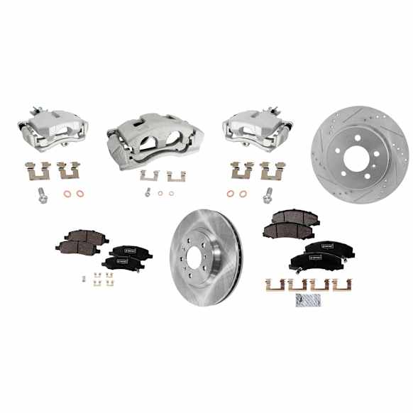 4-Wheel Set Front and Rear Brake Kit With Calipers, Front-Plain Surface/Rear-Cross-drilled and Slotted 5 Lugs Front-303.02 mm/Rear-292 mm Ceramic FWD, Includes (4) Caliper, (4) Disc, and (2) Pad Set