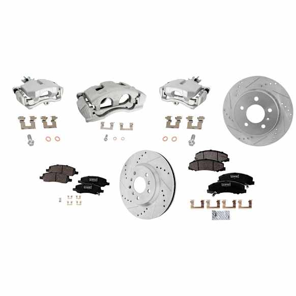 4-Wheel Set Front and Rear Brake Kit With Calipers, Cross-drilled and Slotted 5 Lugs Front-303 mm/Rear-292 mm Ceramic FWD, Includes (4) Caliper, (4) Disc, and (2) Pad Set