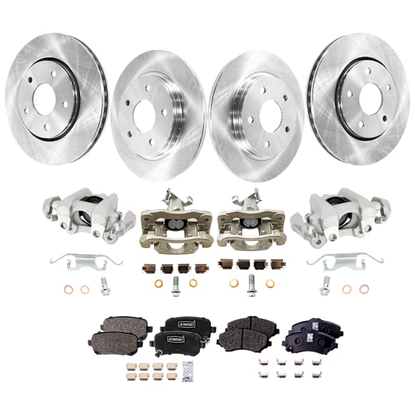 4-Wheel Set Front and Rear Brake Kit With Calipers, Plain Surface 5 Lugs Front-302.01 mm/Rear-305.05 mm Front-Semi-Metallic/Rear-Ceramic, Includes (4) Caliper, (4) Disc, and (2) Pad Set