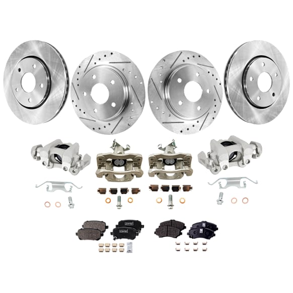 4-Wheel Set Front and Rear Brake Kit With Calipers, Front-Plain Surface/Rear-Cross-drilled and Slotted, 5 Lugs, Front-Semi-Metallic/Rear-Ceramic, Includes (4) Caliper, (4) Disc, and (2) Pad Set