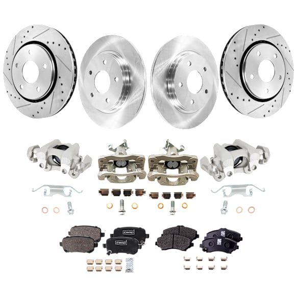 4-Wheel Set Front and Rear Brake Kit With Calipers Front-Cross-drilled and Slotted/Rear-Plain Surface, 5 Lugs, Front-Semi-Metallic/Rear-Ceramic, Includes (4) Caliper, (4) Disc, and (2) Pad Set