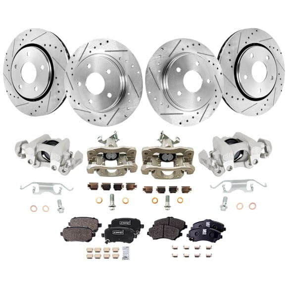 4-Wheel Set Front and Rear Brake Kit With Calipers, Cross-drilled and Slotted 5 Lugs Front-302 mm/Rear-305 mm Front-Semi-Metallic/Rear-Ceramic, Includes (4) Caliper, (4) Disc, and (2) Pad Set