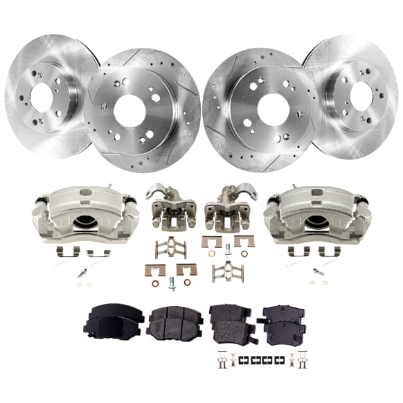 4-Wheel Set Front and Rear Brake Kit With Calipers, Front-Plain Surface/Rear-Cross-drilled and Slotted 5 Lugs Front-281.94 mm/Rear-259.59 mm Ceramic FWD, Includes (4) Caliper, (4) Disc and (2) Pad Set