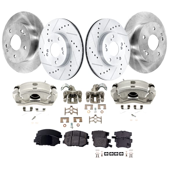 4-Wheel Set Front and Rear Brake Kit With Calipers, Front-Cross-drilled and Slotted/Rear-Plain Surface 5 Lugs Front-281.94 mm/Rear-259.59 mm Ceramic FWD, Includes (4) Caliper, (4) Disc and (2) Pad Set
