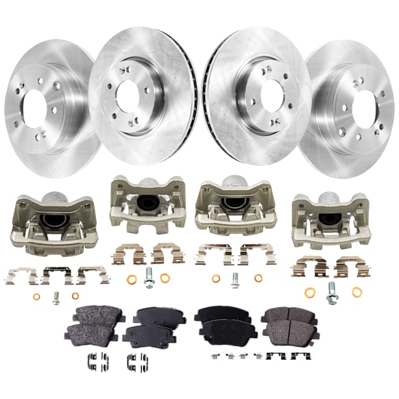 4-Wheel Set Front and Rear Brake Kit With Calipers, Plain Surface, 5 Lugs, Organic FWD