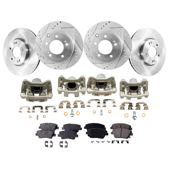 4-Wheel Set Front and Rear Brake Kit With Calipers, Front-Plain Surface/Rear-Cross-drilled and Slotted 5 Lugs Front-299.97 mm/Rear-282.96 mm Organic FWD, Includes (4) Caliper, (4) Disc and (2) Pad Set