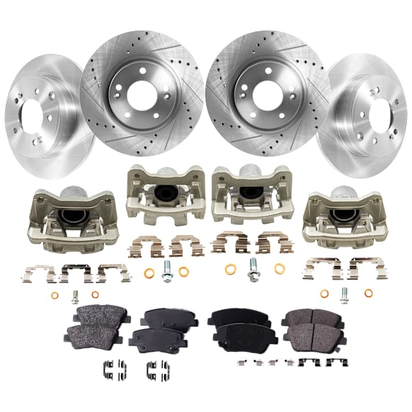 4-Wheel Set Front and Rear Brake Kit With Calipers, Front-Cross-drilled and Slotted/Rear-Plain Surface 5 Lugs Front-300 mm/Rear-282.96 mm Organic FWD, Includes (4) Caliper, (4) Disc and (2) Pad Set