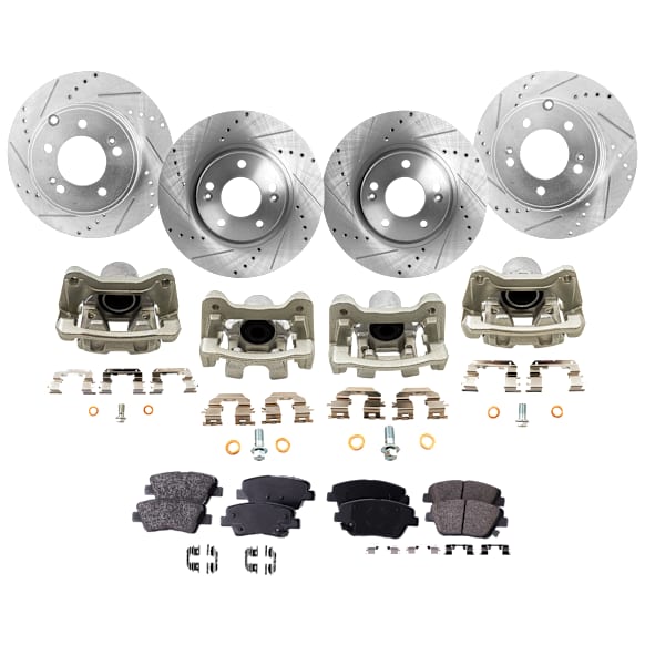 4-Wheel Set Front and Rear Brake Kit With Calipers, Cross-drilled and Slotted 5 Lugs Front-300 mm/Rear-282.96 mm Organic FWD, Includes (4) Brake Caliper, (4) Brake Disc and (2) Brake Pad Set