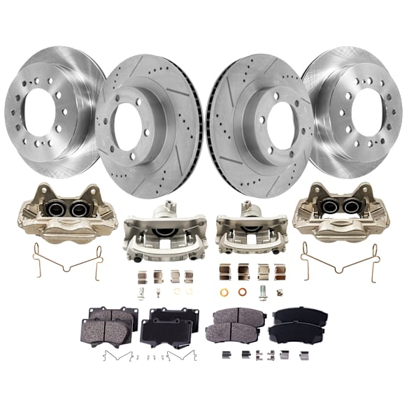 4-Wheel Set Front and Rear Brake Kit With Calipers, Front-Cross-drilled and Slotted/Rear-Plain Surface 6 Lugs Front-338.07 mm/Rear-311.91 mm Ceramic 4WD, Includes (4) Caliper, (4) Disc and (2) Pad Set