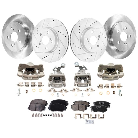 4-Wheel Set Front and Rear Brake Kit With Calipers, Front-Cross-drilled and Slotted/Rear-Plain Surface 5 Lugs Front-275 mm/Rear-259.08 mm Ceramic FWD, Includes (4) Caliper, (4) Disc, and (2) Pad Set