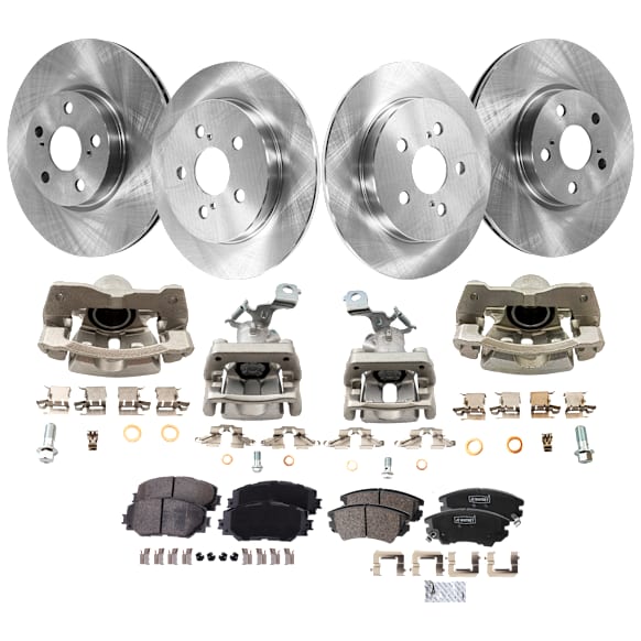 4-Wheel Set Front and Rear Brake Kit With Calipers, Plain Surface, 5 Lugs, Ceramic FWD, Includes (4) Caliper, (4) Disc, and (2) Pad Set