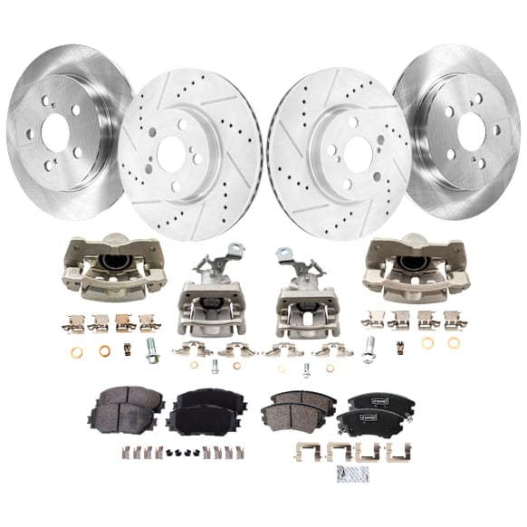 4-Wheel Set Front and Rear Brake Kit With Calipers, Front-Cross-drilled and Slotted/Rear-Plain Surface 5 Lugs Front-275 mm/Rear-259.08 mm Ceramic FWD, Includes (4) Caliper, (4) Disc, and (2) Pad Set