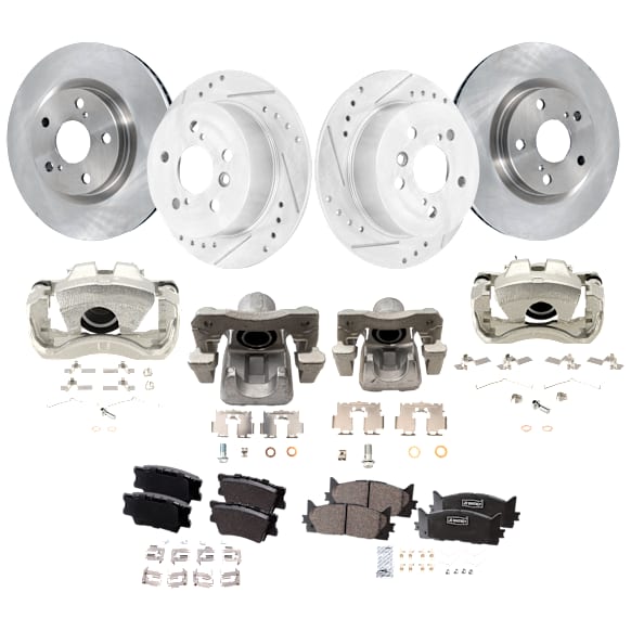 4-Wheel Set Front and Rear Brake Kit With Calipers, Front-Plain Surface/Rear-Cross-drilled and Slotted 5 Lugs Front-295.91 mm/Rear-281 mm Ceramic FWD, Includes (4) Caliper, (4) Disc, and (2) Pad Set