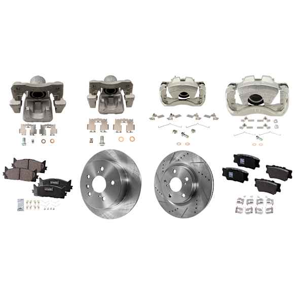 4-Wheel Set Front and Rear Brake Kit With Calipers, Front-Cross-drilled and Slotted/Rear-Plain Surface 5 Lugs Front-296 mm/Rear-280.92 mm Ceramic FWD, Includes (4) Caliper, (4) Disc, and (2) Pad Set