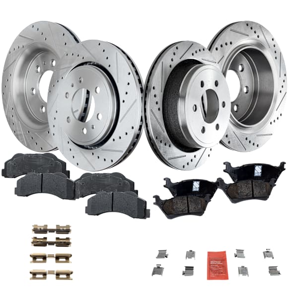 4-Wheel Set Front and Rear Brake Disc and Pad Kit, Cross-drilled and Slotted 6 Lugs Front-350.01 mm/Rear-348.23 mm Ceramic Pro-Line Series, Includes (4) Disc and (2) Pad Set