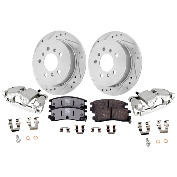 2-Wheel Set Rear Brake Kit With Calipers, Cross-drilled and Slotted 5 Lugs 278 mm Ceramic FWD, Includes (2) Brake Caliper, (2) Brake Disc and (1) Brake Pad Set