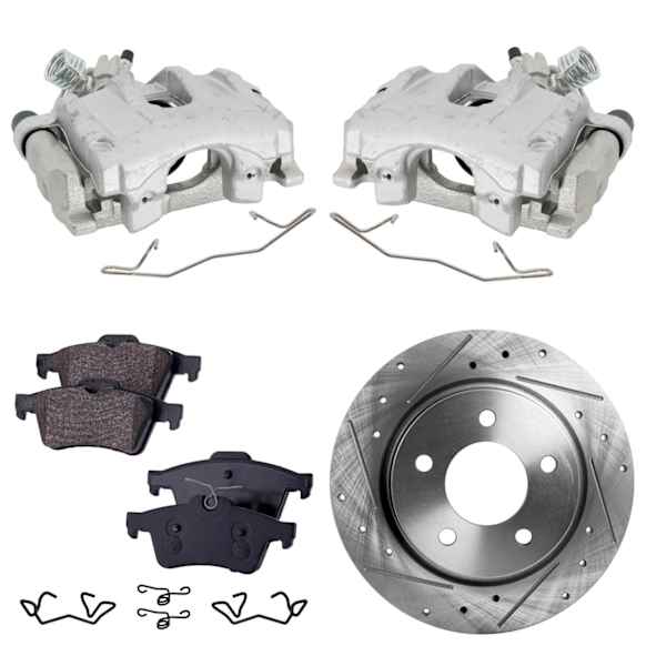 2-Wheel Set Rear Brake Kit With Calipers, Cross-drilled and Slotted 5 Lugs 279.91 mm Organic FWD, Includes (2) Caliper, (2) Disc, and (1) Pad Set