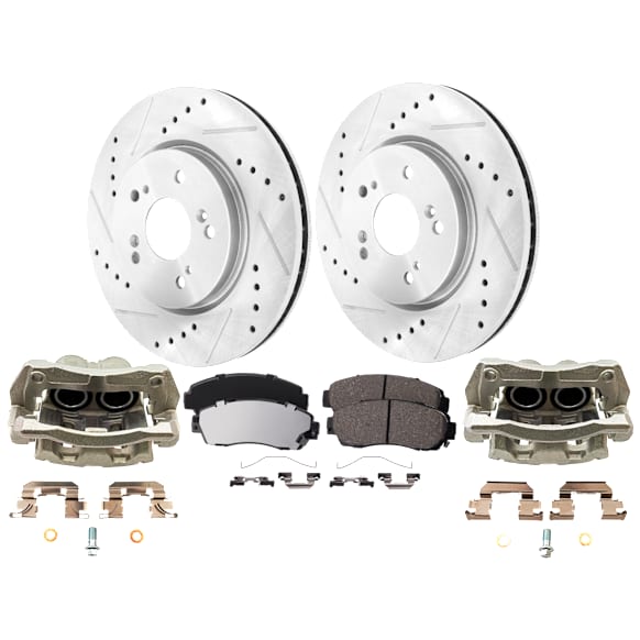 2-Wheel Set Front Brake Kit With Calipers, Cross-drilled and Slotted 5 Lugs 296 mm Ceramic, Includes (2) Brake Caliper, (2) Brake Disc and (1) Brake Pad Set