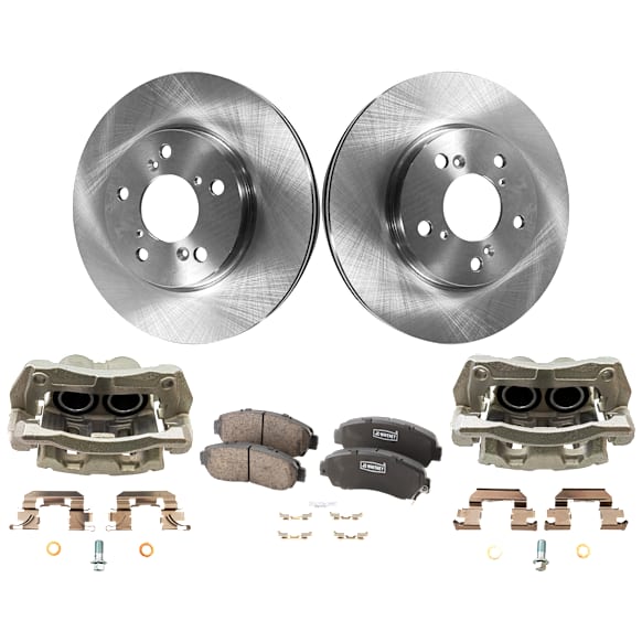 2-Wheel Set Front Brake Kit With Calipers, Plain Surface 5 Lugs 296.16 mm Ceramic FWD, Includes (2) Caliper, (2) Disc, and (1) Pad Set