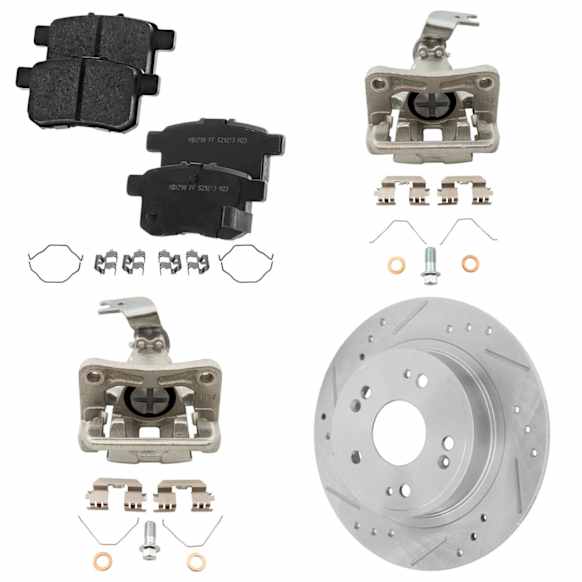 2-Wheel Set Rear Brake Kit With Calipers, Cross-drilled and Slotted 5 Lugs 281.69 mm Ceramic FWD, Includes (2) Brake Caliper, (1) Brake Pad Set and (2) Brake Disc