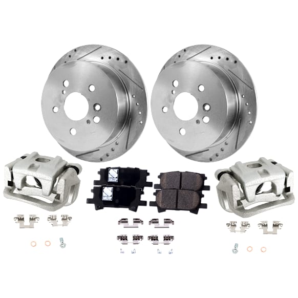 2-Wheel Set Rear Brake Kit With Calipers, Cross-drilled and Slotted 5 Lugs 288.04 mm Ceramic, Includes (2) Brake Caliper, (1) Brake Pad Set and (2) Brake Disc