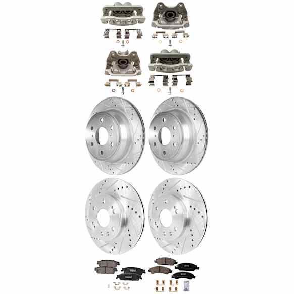 4-Wheel Set Front and Rear Brake Kit With Calipers, Cross-drilled and Slotted 6 Lugs Front-329.95 mm/Rear-344.93 mm Ceramic, Includes (4) Caliper, (4) Disc, and (2) Pad Set