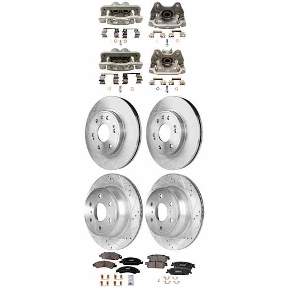 4-Wheel Set Front and Rear Brake Kit With Calipers, Front-Plain Surface/Rear-Cross-drilled and Slotted 6 Lugs Front-329.95 mm/Rear-344.93 mm Ceramic, Includes (4) Caliper, (4) Disc, and (2) Pad Set