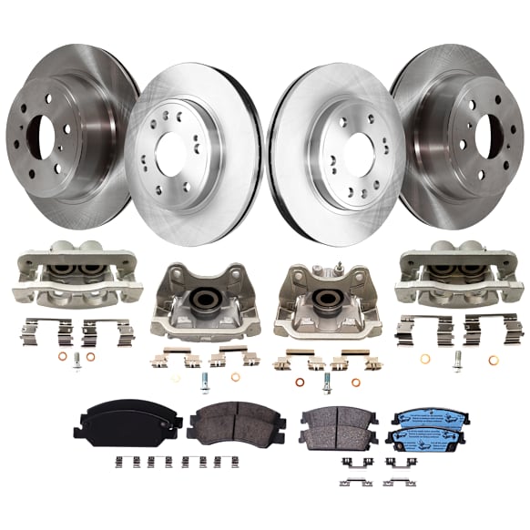 4-Wheel Set Front and Rear Brake Kit With Calipers, Plain Surface, 6 Lugs, Ceramic, Includes (4) Caliper, (4) Disc, and (2) Pad Set