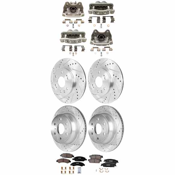 4-Wheel Set Front and Rear Brake Kit With Calipers, Cross-drilled and Slotted 6 Lugs Front-329.95 mm/Rear-344.93 mm Ceramic, Includes (4) Caliper, (4) Disc, and (2) Pad Set