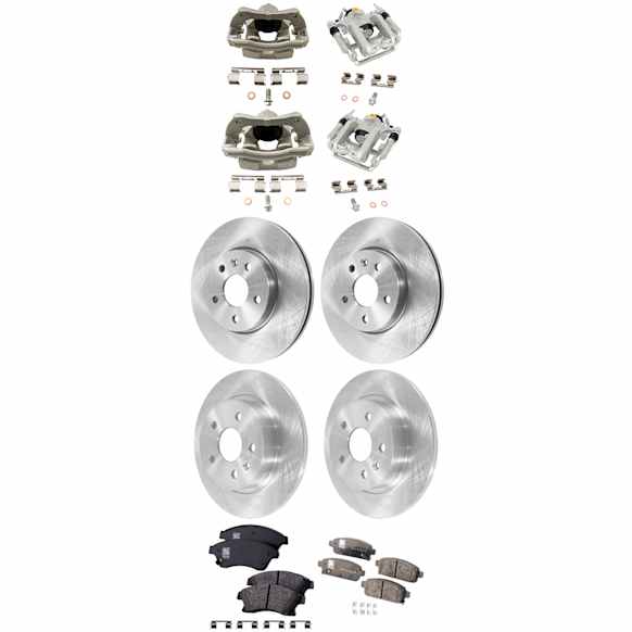 4-Wheel Set Front and Rear Brake Kit With Calipers, Plain Surface 5 Lugs Front-276 mm/Rear-267.97 mm Front-Organic/Rear-Ceramic FWD, Includes (4) Caliper, (4) Disc, and (2) Pad Set
