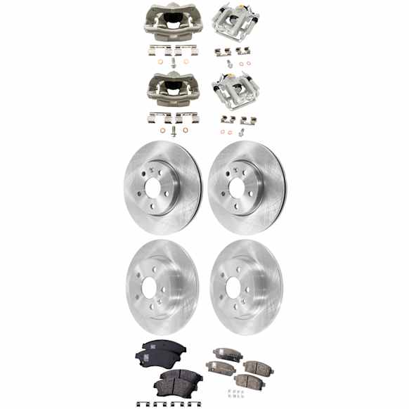 4-Wheel Set Front and Rear Brake Kit With Calipers, Plain Surface 5 Lugs Front-276 mm/Rear-267.97 mm Front-Organic/Rear-Ceramic FWD, Includes (4) Caliper, (4) Disc, and (2) Pad Set