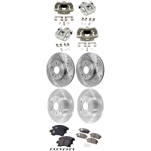 4-Wheel Set Front and Rear Brake Kit With Calipers, Front-Cross-drilled and Slotted/Rear-Plain Surface, 5 Lugs, Front-Organic/Rear-Ceramic, FWD, Includes (4) Caliper, (4) Disc, and (2) Pad Set