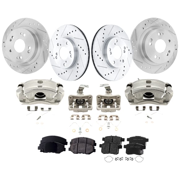4-Wheel Set Front and Rear Brake Kit With Calipers, Cross-drilled and Slotted 5 Lugs Front-281.94 mm/Rear-281.69 mm Ceramic FWD, Includes (4) Brake Caliper, (2) Brake Pad Set and (4) Brake Disc