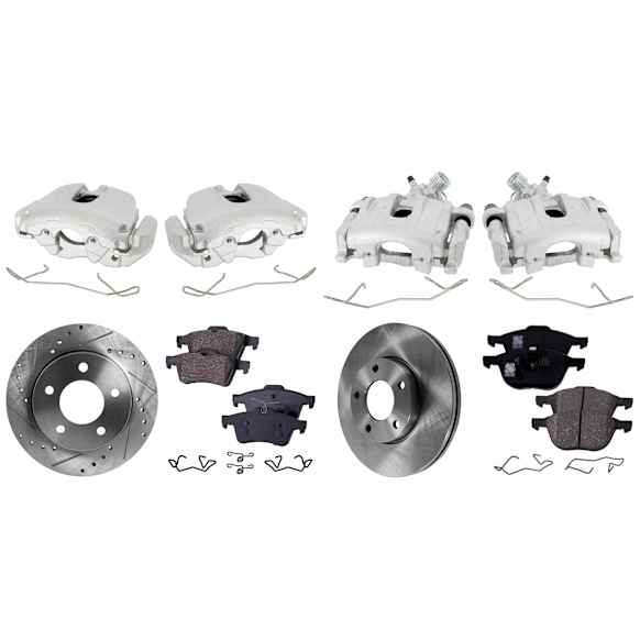 4-Wheel Set Front and Rear Brake Kit With Calipers, Front-Plain Surface/Rear-Cross-drilled and Slotted, 5 Lugs, Front-Ceramic/Rear-Organic, FWD, Includes (4) Caliper, (4) Disc, and (2) Pad Set
