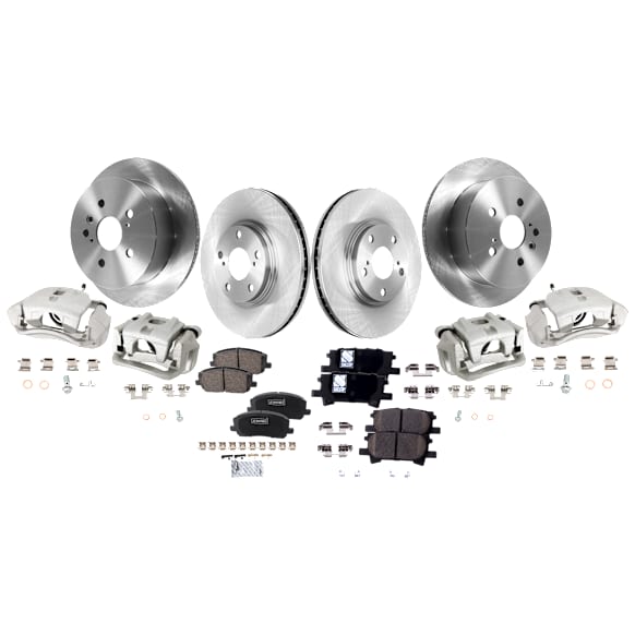 4-Wheel Set Front and Rear Brake Kit With Calipers, Plain Surface, 5 Lugs, Ceramic, Includes (4) Caliper, (4) Disc, and (2) Pad Set
