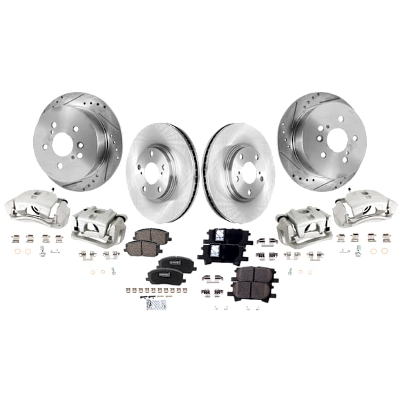 4-Wheel Set Front and Rear Brake Kit With Calipers, Front-Plain Surface/Rear-Cross-drilled and Slotted 5 Lugs Front-295.91 mm/Rear-288.04 mm Ceramic, Includes (4) Caliper, (4) Disc, and (2) Pad Set