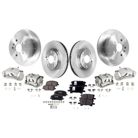 4-Wheel Set Front and Rear Brake Kit With Calipers, Plain Surface, 5 Lugs, Ceramic, Includes (4) Caliper, (4) Disc, and (2) Pad Set
