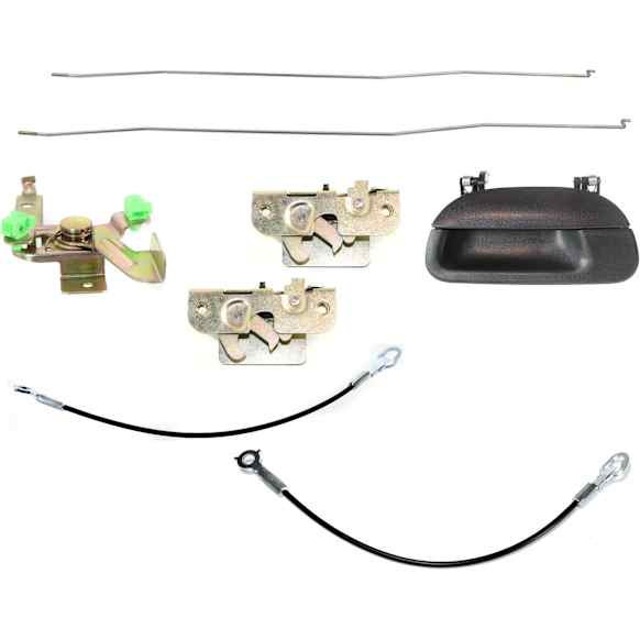 2007 Ford F-350 Super Duty - 8-Piece Kit Tailgate Handle, For Models Without Tailgate Lock, Smooth Black, Plastic, Without Camera Hole, Without Key Hole,  Includes (2) Tailgate Cable, (1) Tailgate Handle and (4) Tailgate Latch