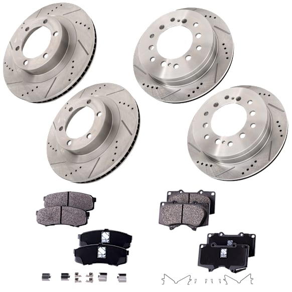 4-Wheel Set Front and Rear Brake Disc and Pad Kit, Cross-drilled and Slotted Front-338.07 mm/Rear-311.91 mm, Includes (2) Brake Pad Set and (4) Brake Disc