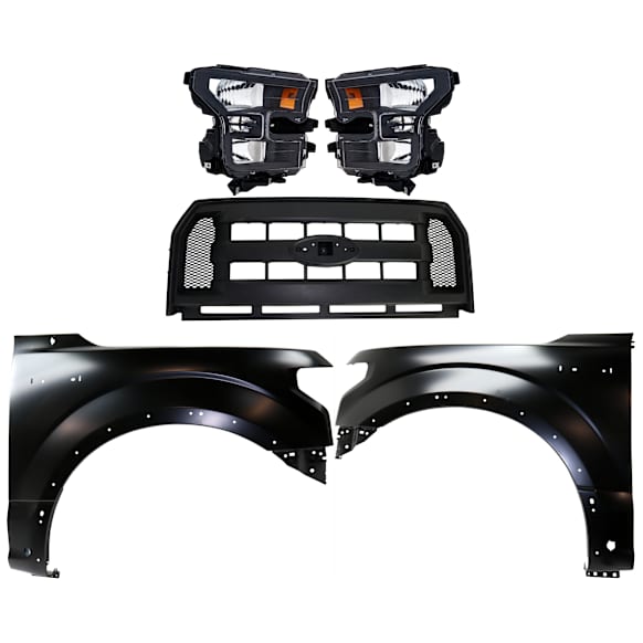 4-Piece Kit Driver and Passenger Side Halogen Headlight, Without bulb(s), OE Replacement, Includes (1) Headlight, (2) Fender and (1) Grille Assembly