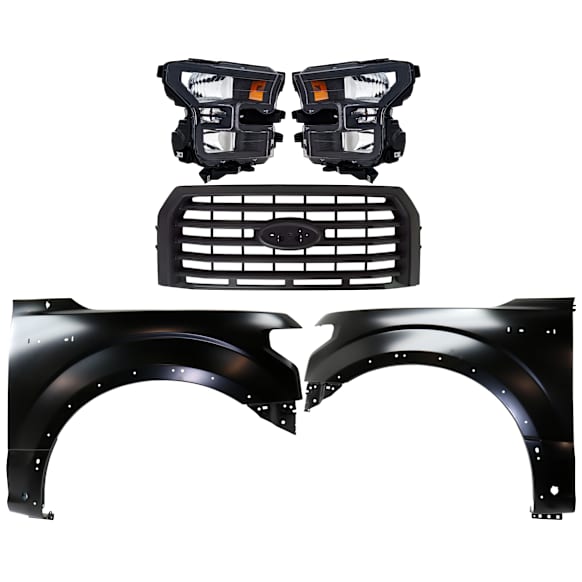 4-Piece Kit Driver and Passenger Side Halogen Headlight, Without bulb(s), OE Replacement, Includes (1) Headlight, (2) Fender and (1) Grille Assembly