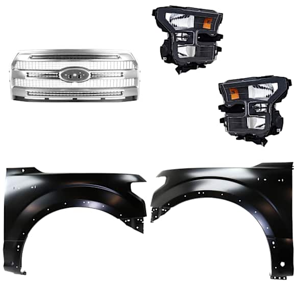 4-Piece Kit Driver and Passenger Side Halogen Headlight, Without bulb(s), OE Replacement, Crew Cab Pickup, Includes (1) Headlight, (2) Fender and (1) Grille Assembly