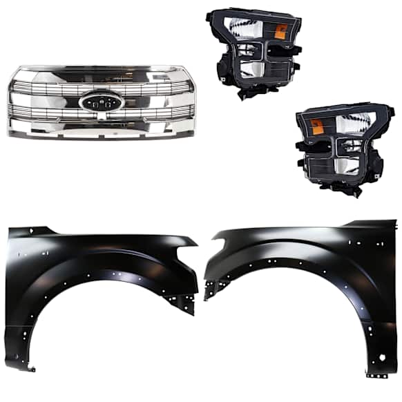 4-Piece Kit Driver and Passenger Side Halogen Headlight, Without bulb(s), OE Replacement, Includes (1) Headlight, (2) Fender and (1) Grille Assembly