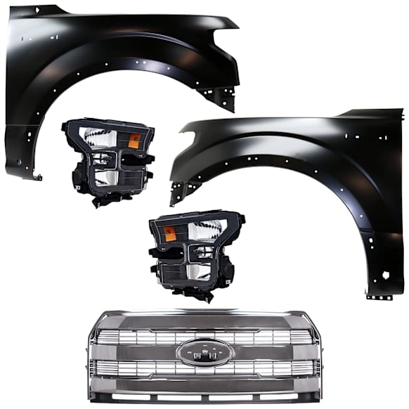 4-Piece Kit Driver and Passenger Side Halogen Headlight, Without bulb(s), OE Replacement, Includes (1) Headlight, (2) Fender and (1) Grille Assembly
