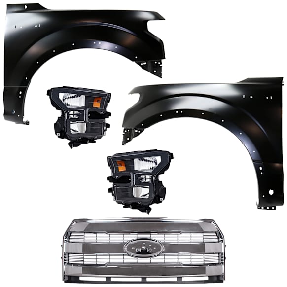 4-Piece Kit Driver and Passenger Side Halogen Headlight, Without bulb(s), OE Replacement, Includes (1) Headlight, (2) Fender and (1) Grille Assembly