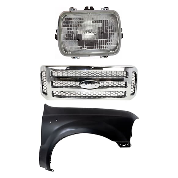 3-Piece Kit Grille, Chrome Shell with Painted Gray Insert, Includes (1) Fender, (1) Grille, and (1) Headlight