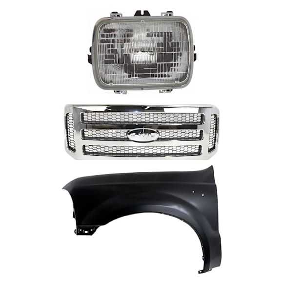 3-Piece Kit Grille, Chrome Shell with Painted Gray Insert, Includes (1) Fender, (1) Grille, and (1) Headlight