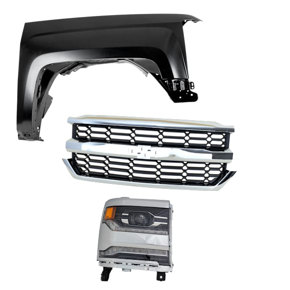 3-Piece Kit Passenger Side LED Headlight, With bulb(s), OE Replacement,, CAPA Certified, Includes (1) Fender, (1) Grille Assembly and (1) Headlight