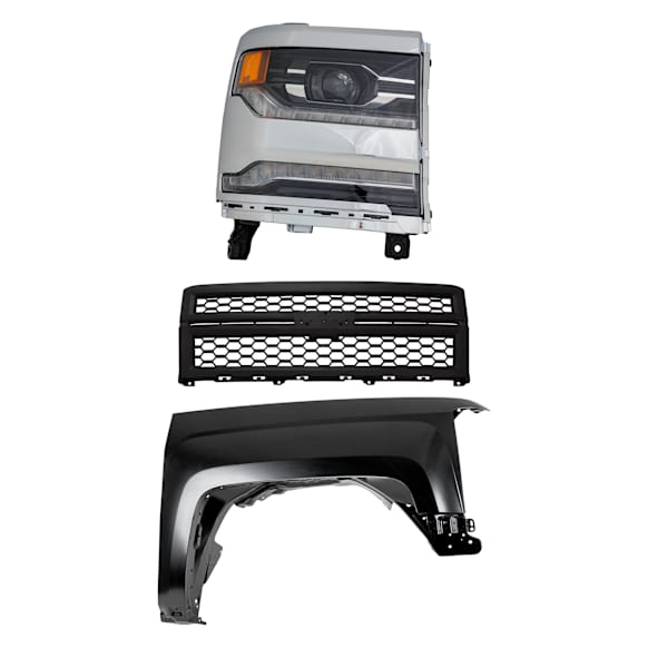 3-Piece Kit Passenger Side LED Headlight, With bulb(s), OE Replacement,, CAPA Certified, Includes (1) Fender, (1) Grille Assembly and (1) Headlight